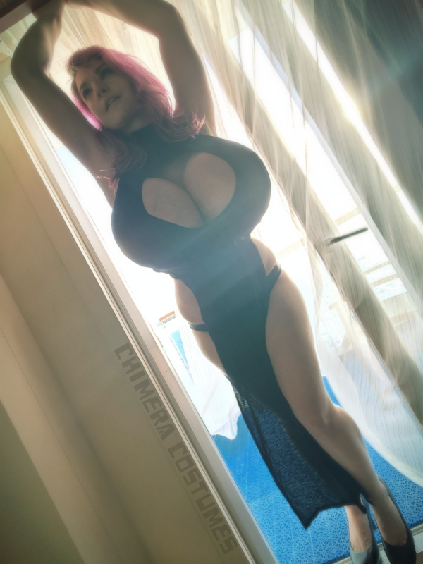 hentai mommy giant fake tits black cutout dress pink hair titfuck fantasy